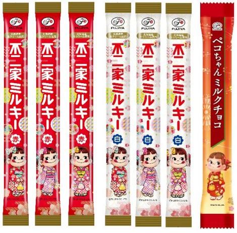 不二家「千歳飴(赤/白)」「ペコちゃんミルクチョコ」