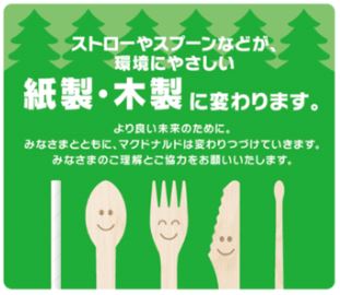 日本マクドナルド 紙製ストロー、木製スプーン・フォーク・ナイフ・マドラー導入イメージ