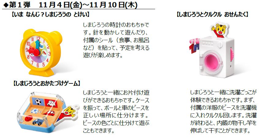 ハッピーセット「しまじろう」(いま なんじ?しまじろうの とけい / しまじろうとクルクル おせんたく / しまじろうとおかたづけゲーム」)