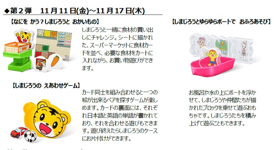 ハッピーセット「しまじろう」(なにを かう?しまじろうと おかいもの / しまじろうとゆらゆらボートで おふろあそび / しまじろうの えあわせゲーム)