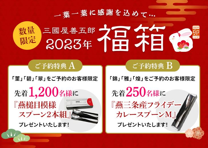 三國屋善五郎 2023福箱予約特典「燕槌目模様スプーン2本組」「燕三条産フライデーカレースプーン」