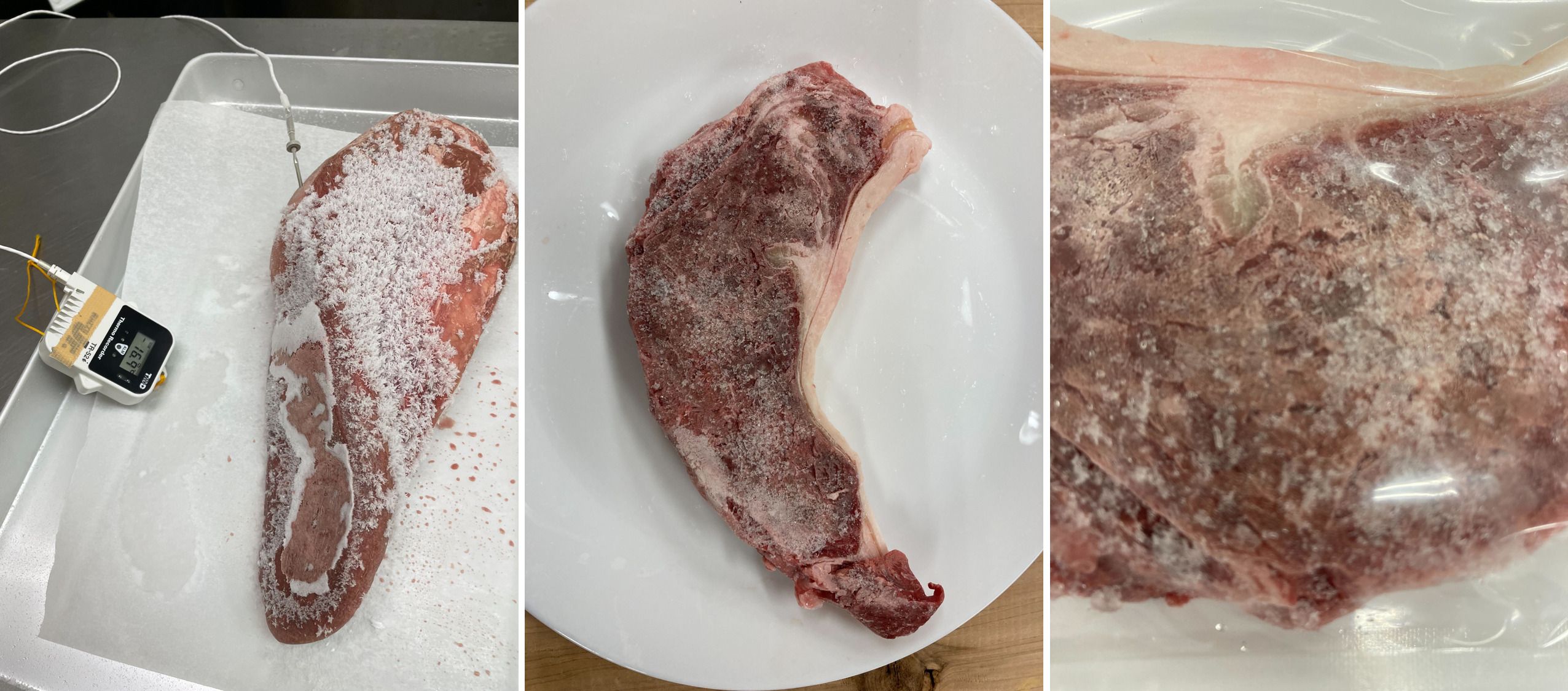 左:アートロックフリーザーから取り出した直後の牛肉、中央・右:冷凍焼け状態の牛肉