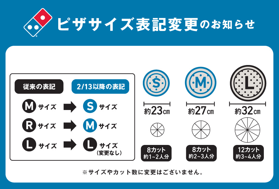 ドミノ・ピザ サイズ表記変更、「M・R・L」から「S・M・L」に “Rサイズ