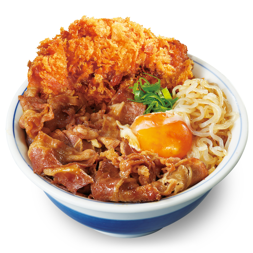 店内メニュー「牛すき焼きとチキンカツの合い盛り丼」/かつや