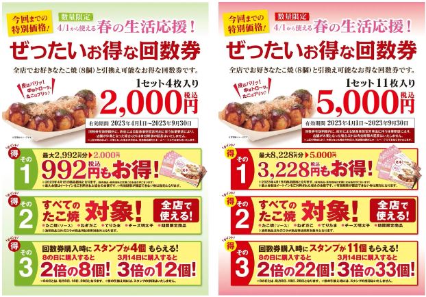 築地銀だこ“ぜったいお得な回数券”2023年春(4枚入り2000円、11枚入り5000円)