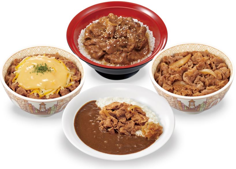 「牛丼」「カレー」「牛カルビ丼」と「とろ～り3種のチーズ牛丼」(「スキパス」利用対象メニュー例)