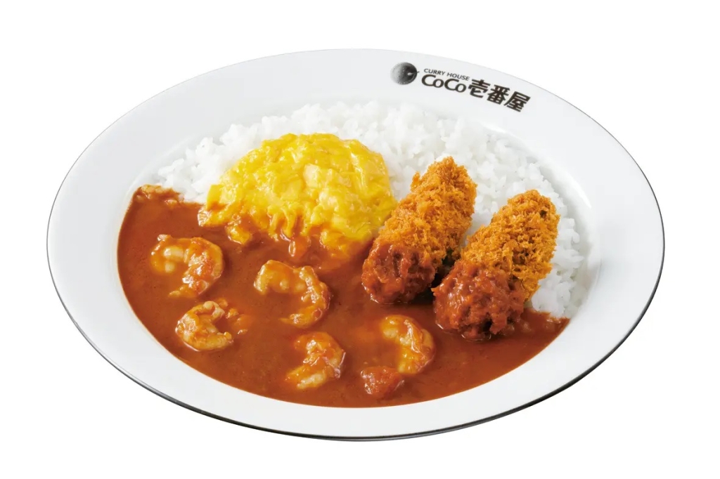 カレーハウスCoCo壱番屋(ココイチ) 「THE 海老カレー」+ハーフスクランブルエッグ +2個カキフライ