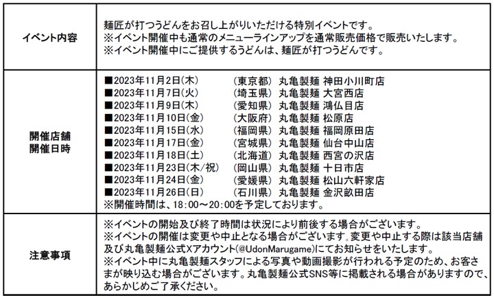 丸亀製麵「麺匠イベント～匠の技を堪能する夜～」開催日程/創業感謝祭