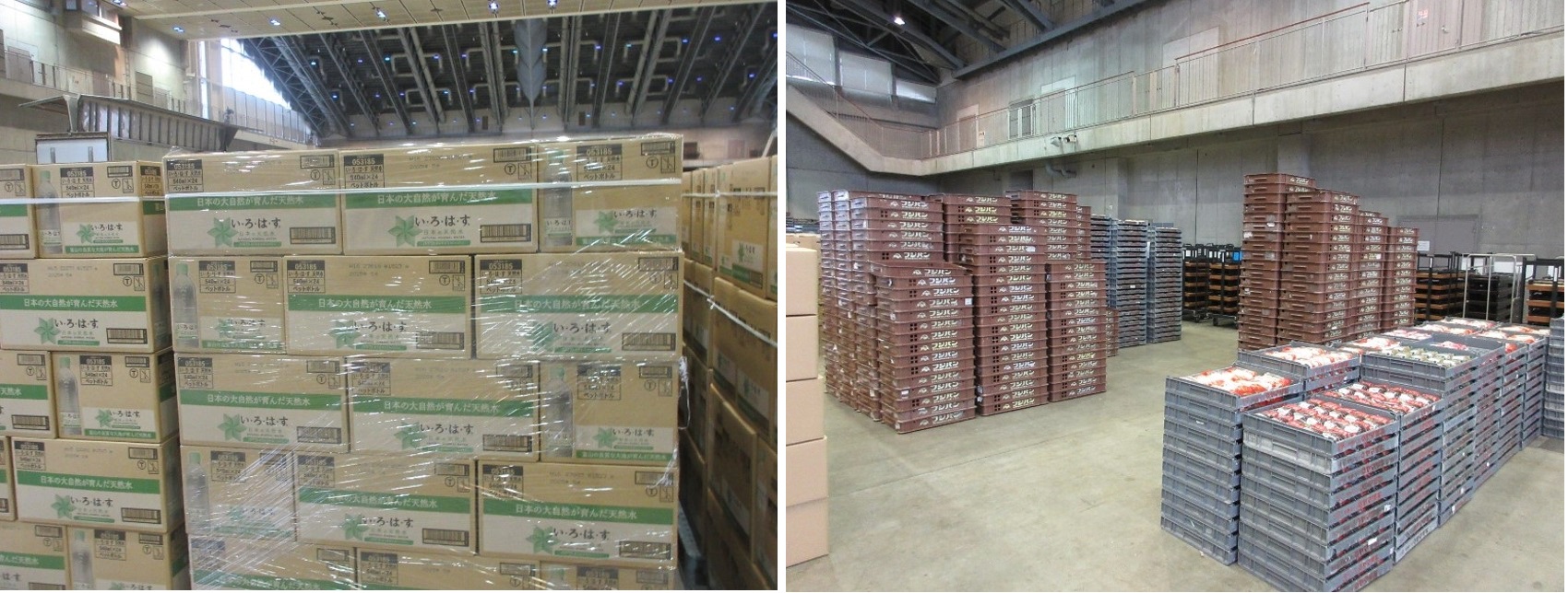 石川県の支援物資集積場に到着した食料など(農水省提供、撮影日1月3日)