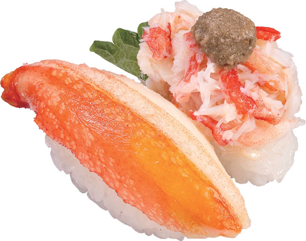 かっぱ寿司「ずわい蟹 2種盛り(茹ですわい蟹・ずわい蟹ほぐし身かにみそのせ)」