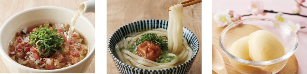 しゃぶしゃぶ温野菜 左から「梅ちりめんの混ぜごはん」「梅しそうどん」「梅シャーベット」