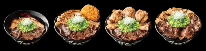 伝説のすた丼屋 左から「ミニ」「すたみなメンチカツ合盛り」「唐揚げ合盛り」「肉W(ダブル)盛り」