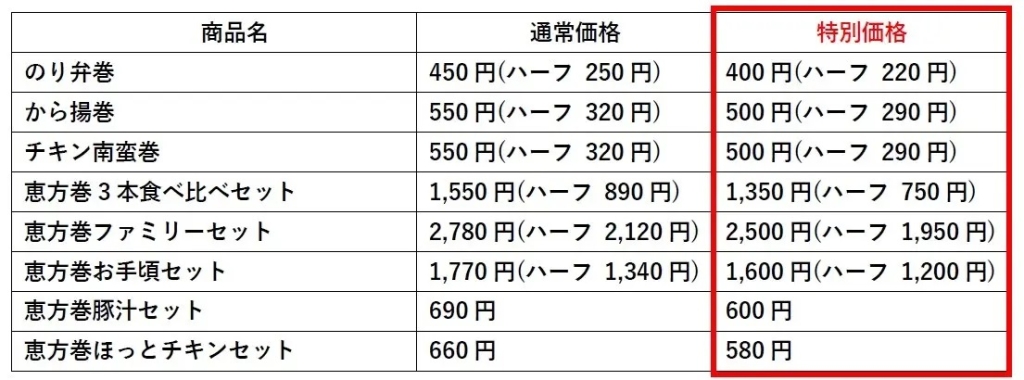 ほっともっと 恵方巻予約の特別価格表