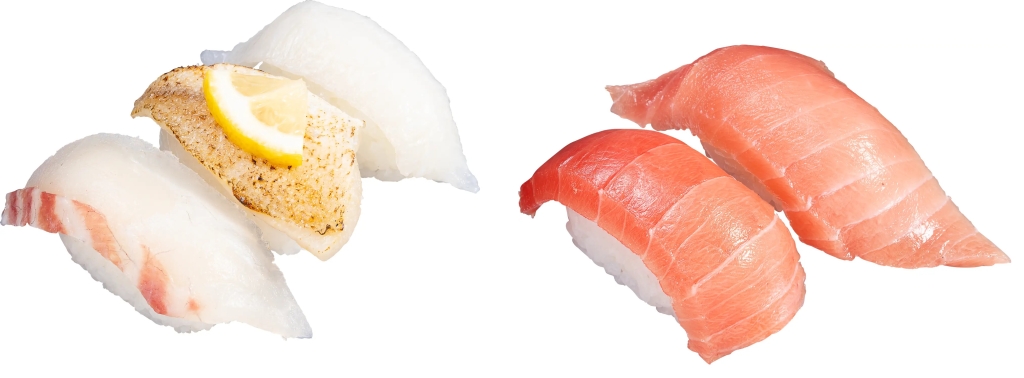 かっぱ寿司 「3種の白身食べ比べ(活〆真鯛･のどぐろ塩炙り･えんがわ)」「本鮪･みなみ鮪中とろ 2種食べ比べ」