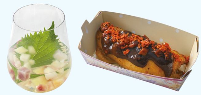 レストラン櫻 テラス席「スペシャルカクテル(SAKE&ピーチ)」「チキンロール(甜麺醤&マンゴー)」
