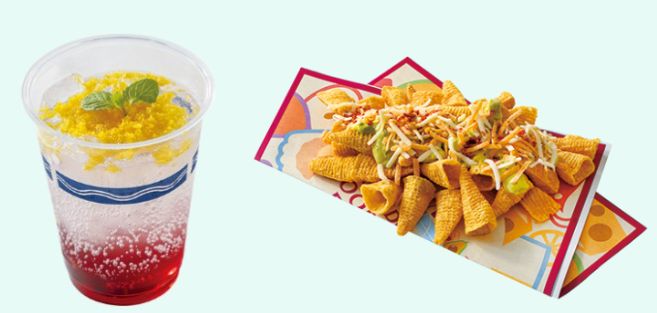 「スパークリングカクテル ピスコ&クランベリー」「とんがりコーンとアボカドのナチョス風」