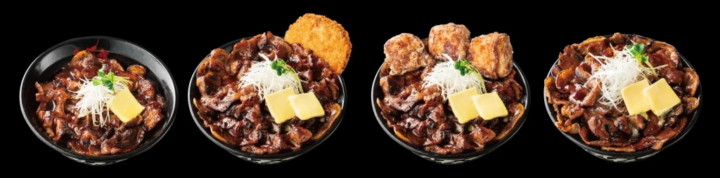 伝説のすた丼屋 「肉ざんまい 北海道すた丼 豚肩ロース」、左から「ミニ」「すたみなメンチカツ合盛り」「唐揚げ合盛り」「肉W(ダブル)盛り」