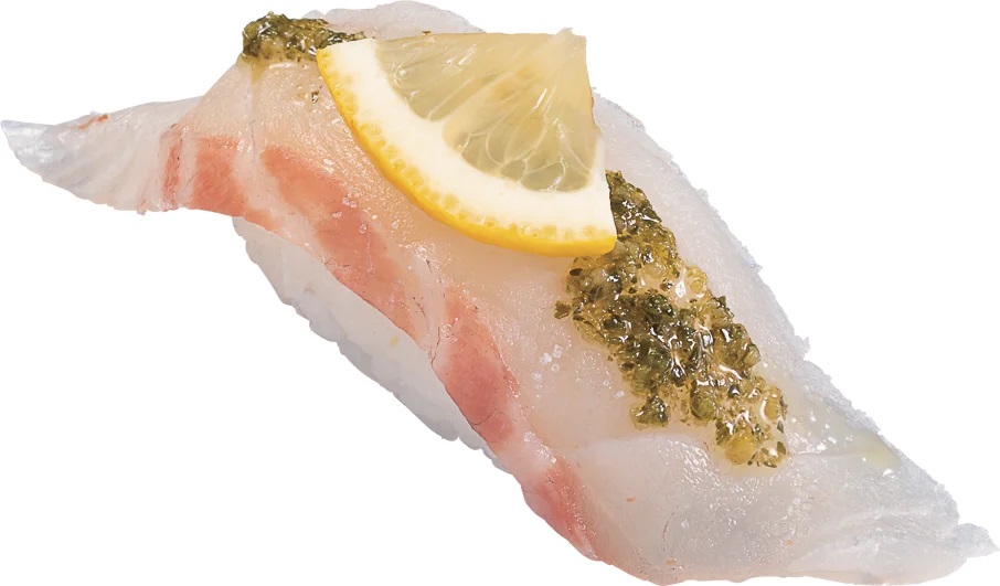 かっぱ寿司 「活〆真鯛 バジル塩レモン」