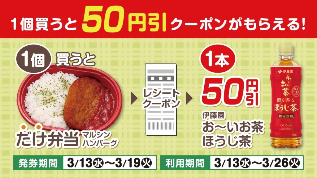 ローソンストア100「だけ弁当(マルシンハンバーグ)」を買うとクーポンがもらえる