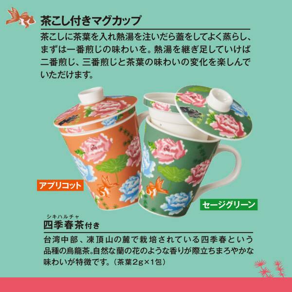 カルディ「オリジナル 茶こし付きマグカップ(アプリコット/セージグリーン) 」
