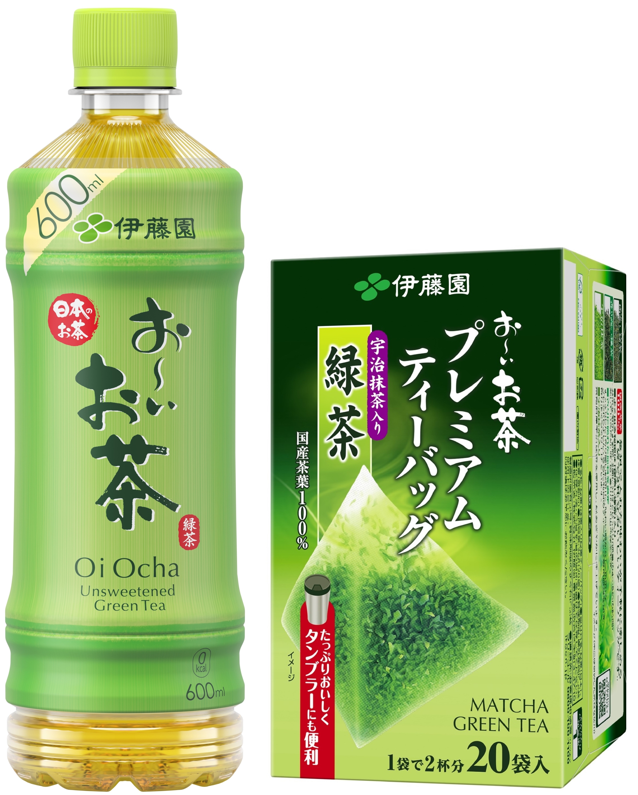 「お～いお茶緑茶600ml」「お～いお茶 プレミアムティーバッグ 宇治抹茶入り緑茶 20袋」