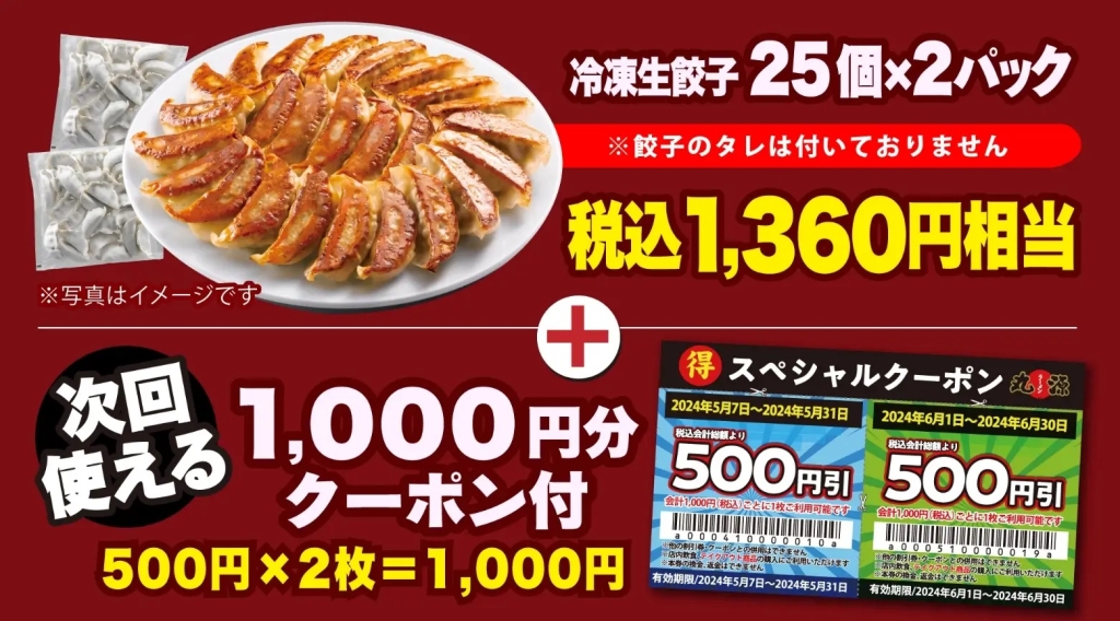丸源ラーメン 「冷凍餃子25個入り」2袋と「500円クーポン券」2枚