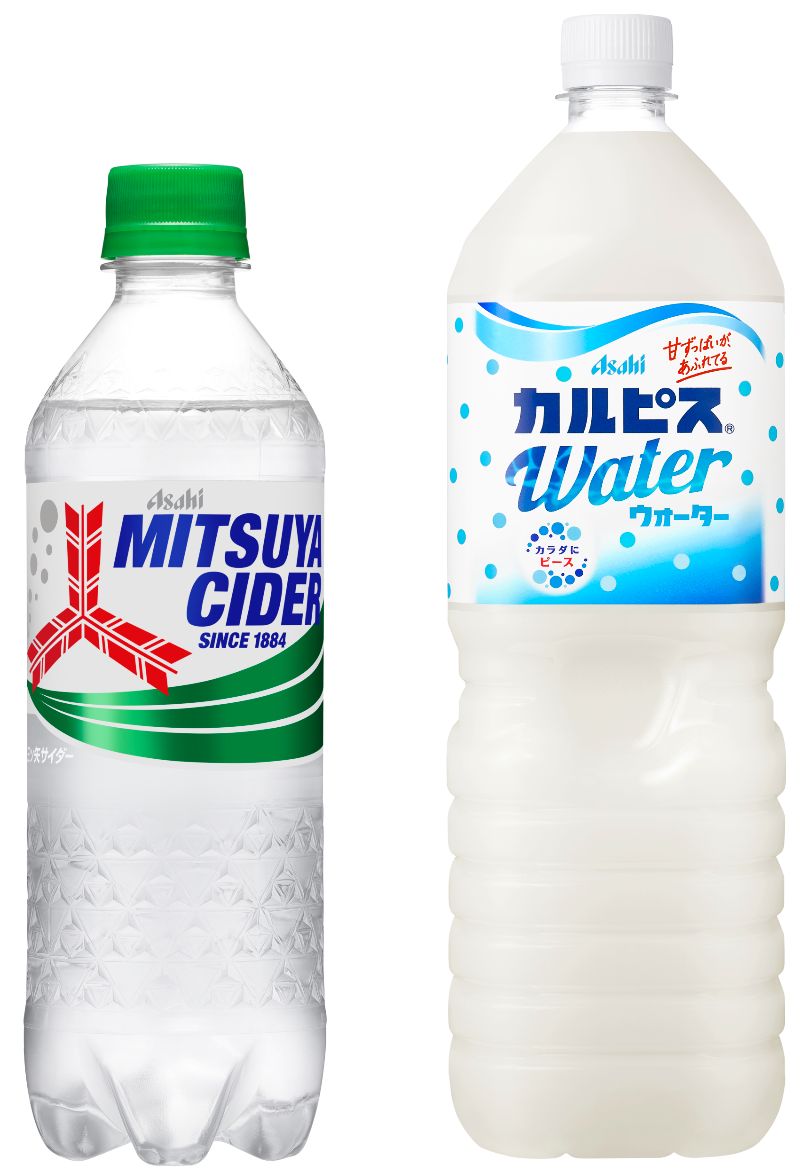 「三ツ矢サイダー」(500mlPET)と「カルピスウォーター」(1.5L PET)