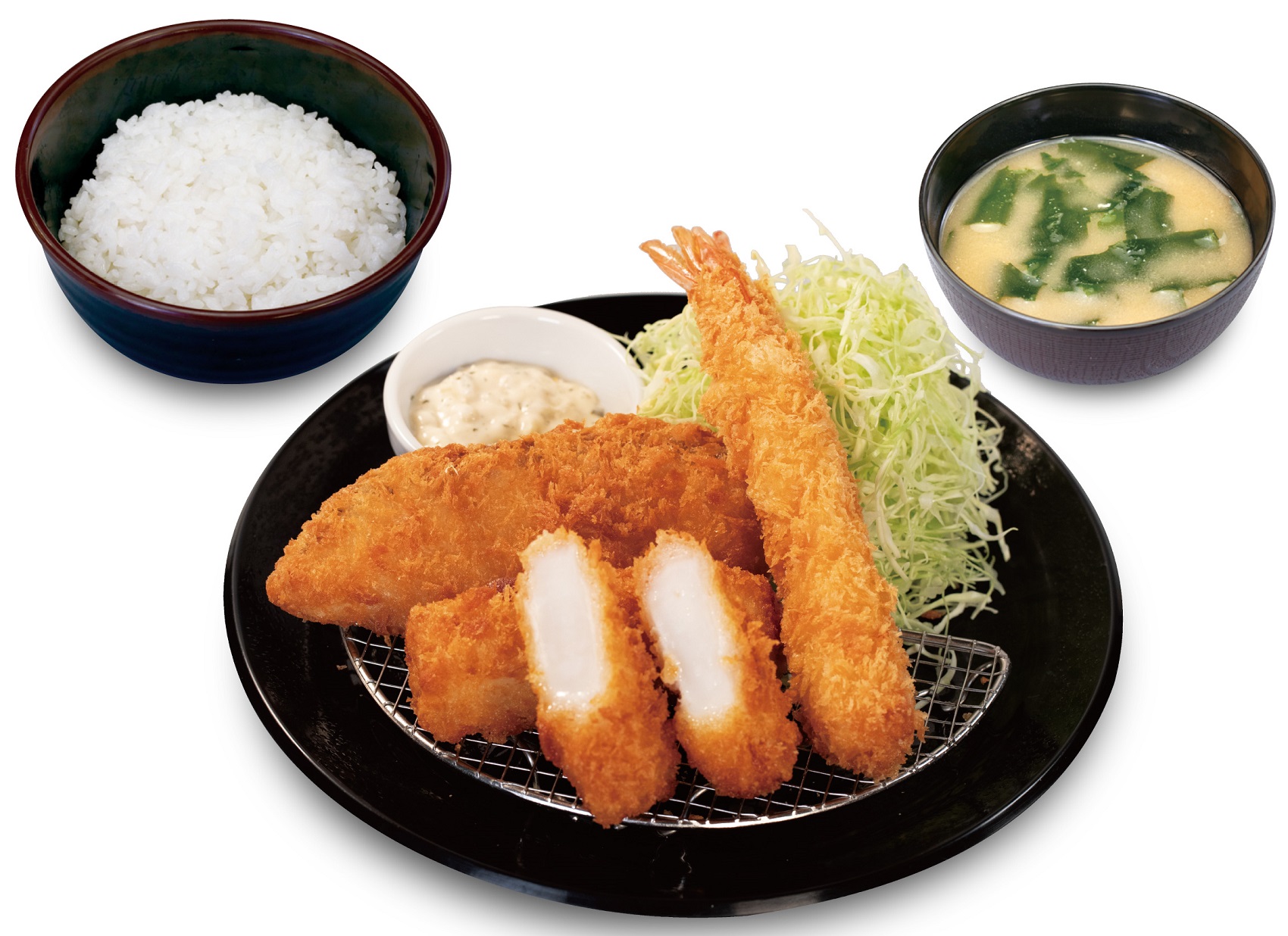 松のや「海鮮盛り合わせ定食(イカ・白身・海老)」