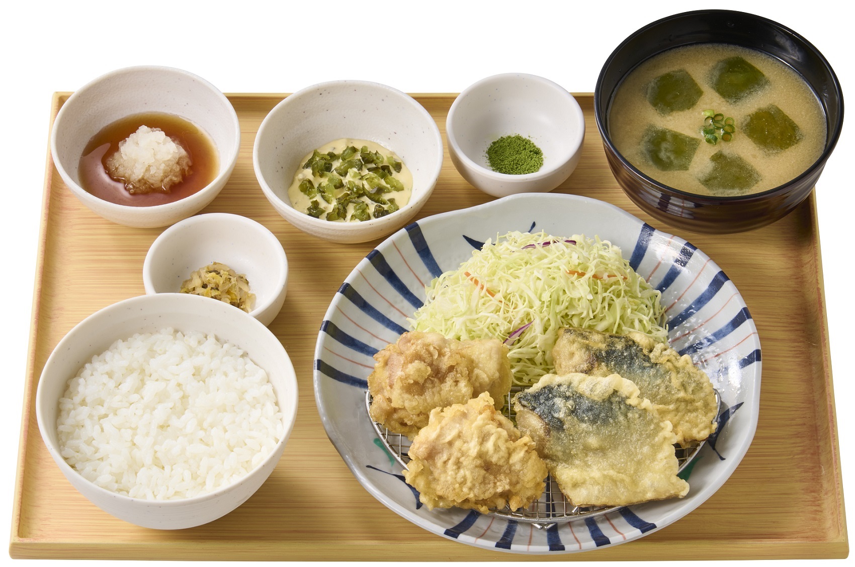 やよい軒「~徳島県産阿波彩どり使用~鶏とサバの天ぷら定食(とり天2個・サバ天2個)」
