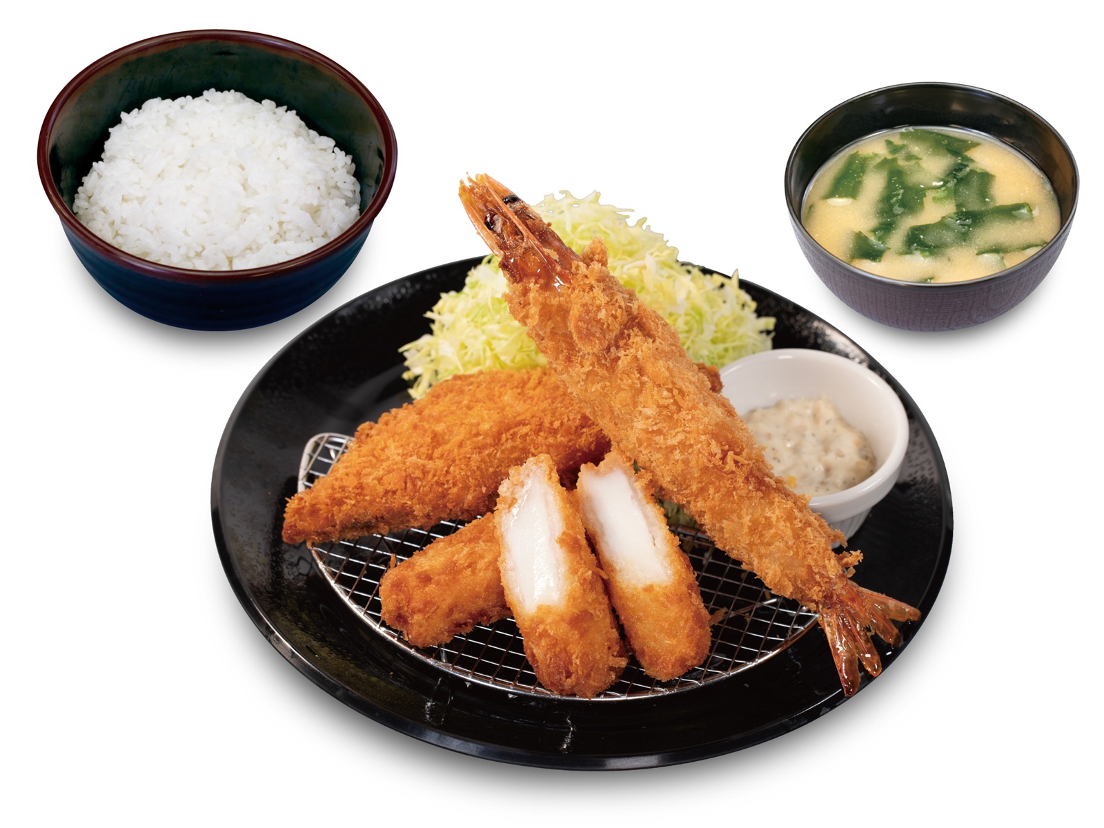 松のや「海鮮盛合せ定食(イカ・サーモンフライ・有頭大海老)」