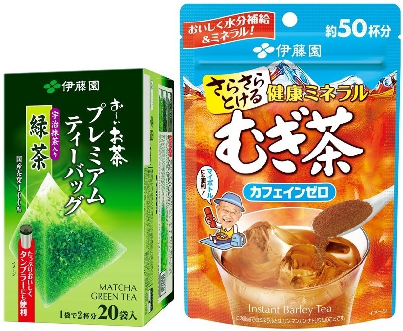 リーフ製品で価格改定する「お~いお茶プレミアムティーバッグ」や「さらさら溶ける健康ミネラルむぎ茶」
