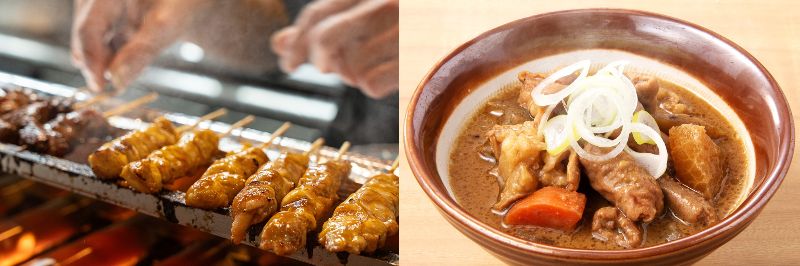 庄やの名物メニュー「焼きとり」(左)と「煮込み」