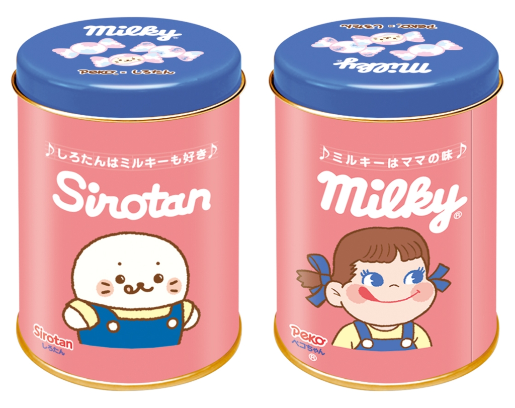 不二家洋菓子店「ミルキー缶(ミルキーペコ×ミルキーしろたん)」