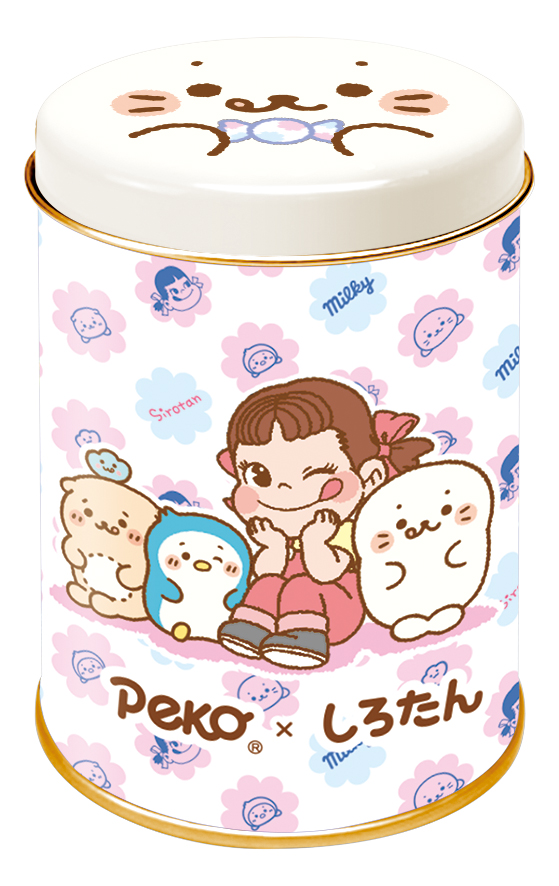 不二家洋菓子店「ミルキー缶(ペコちゃん×しろたんとお友だち)」(表)