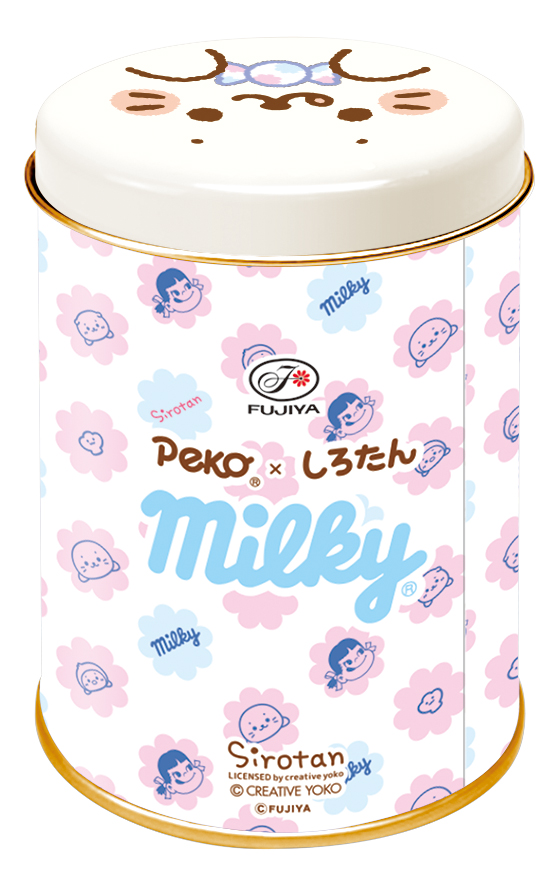 不二家洋菓子店「ミルキー缶(ペコちゃん×しろたんとお友だち)」(裏)