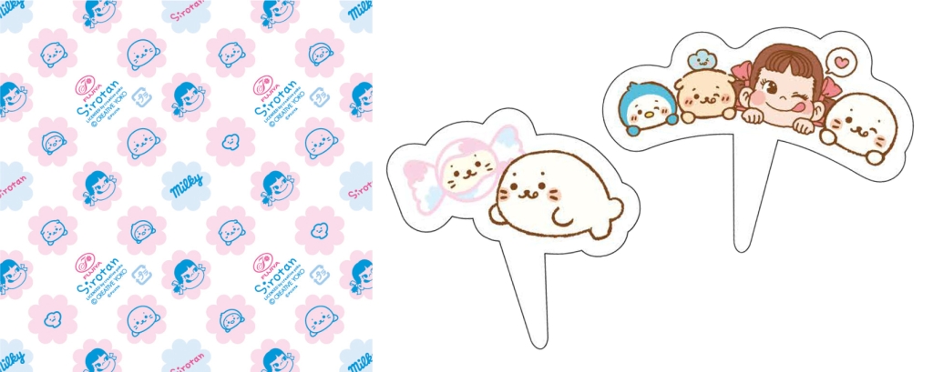 不二家洋菓子店「しろたんのふわふわミルキーレアチーズ」敷紙フィルムデザインとペーパープレート(全2種)
