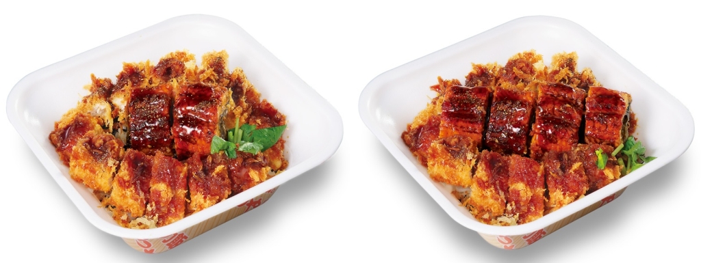 「うなぎの蒲焼きとロースカツの合い盛り弁当」「うなぎの蒲焼き倍盛りとロースカツの合い盛り弁当」