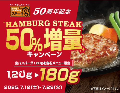 ステーキ宮【50周年記念キャンペーン】通常120gが180gに