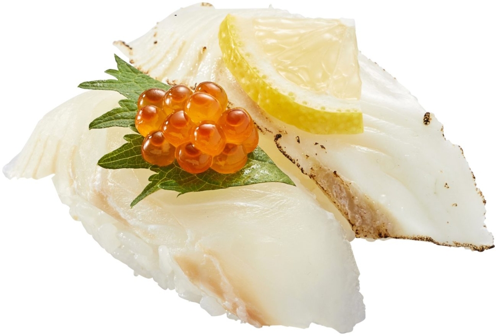 かっぱ寿司「愛媛県産 陸上養殖ひらめ 伊予の極平食べ比べ(いくらのせ･塩炙り)」