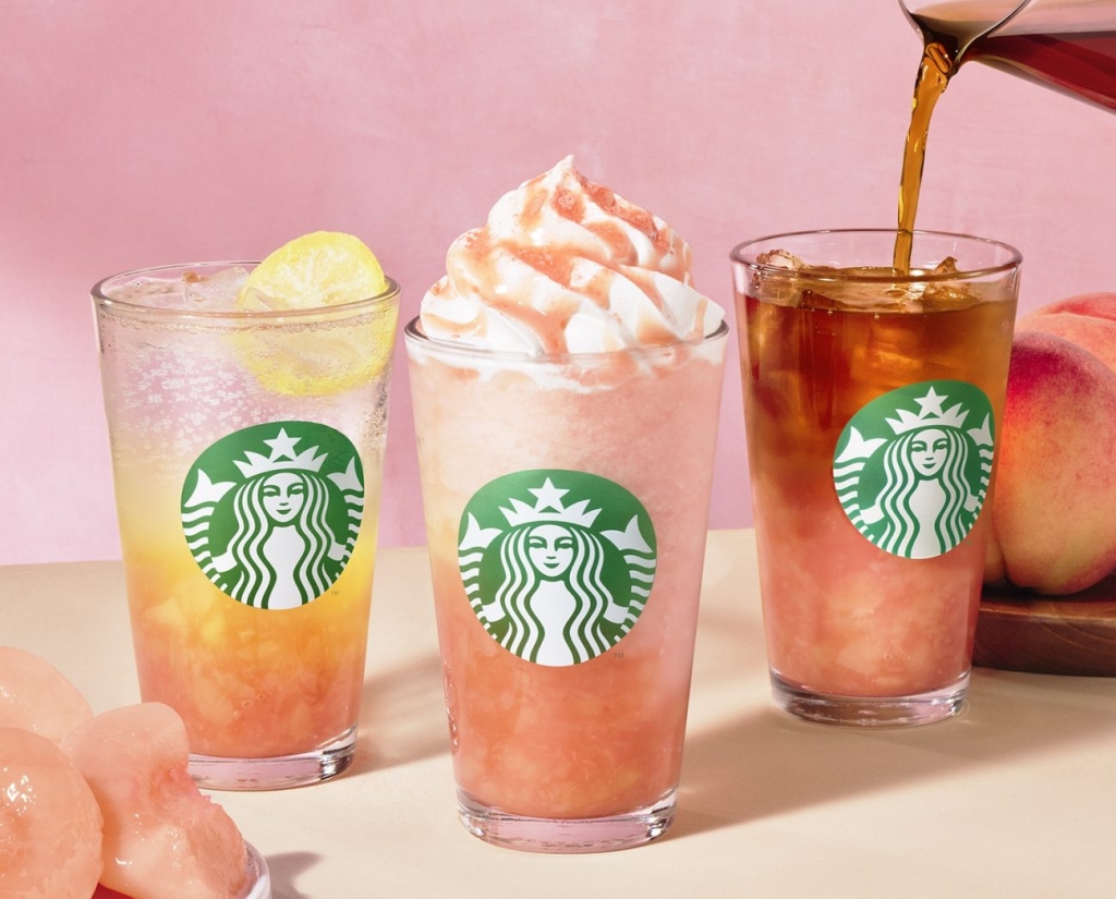 「チラックス ソーダ ピーチ」「ヘブンリー ピーチ フラペチーノ」「クラフト ジューシー ピーチ ティー」