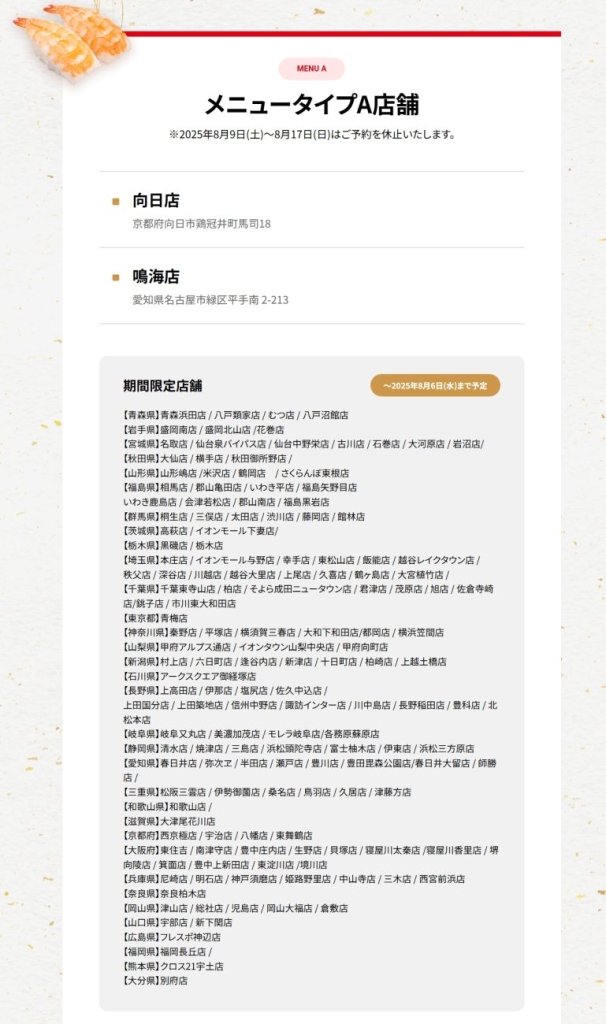 「かっぱ寿司の食べホー」メニュータイプA店舗