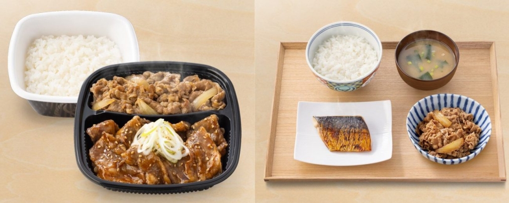 吉野家が紹介するトッピングにおすすめのメニュー「W弁当(牛皿･牛カルビ弁当)」「牛さば定食」