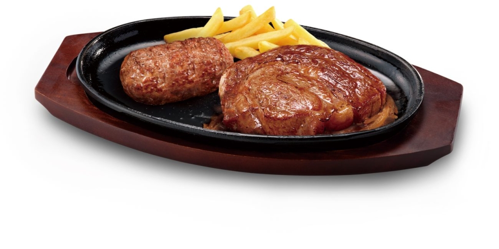 ブロンコビリー「ブロンコおじさんのこだわり炭焼きがんこハンバーグ&炭焼きオーシャンビーフリブロースステーキ」