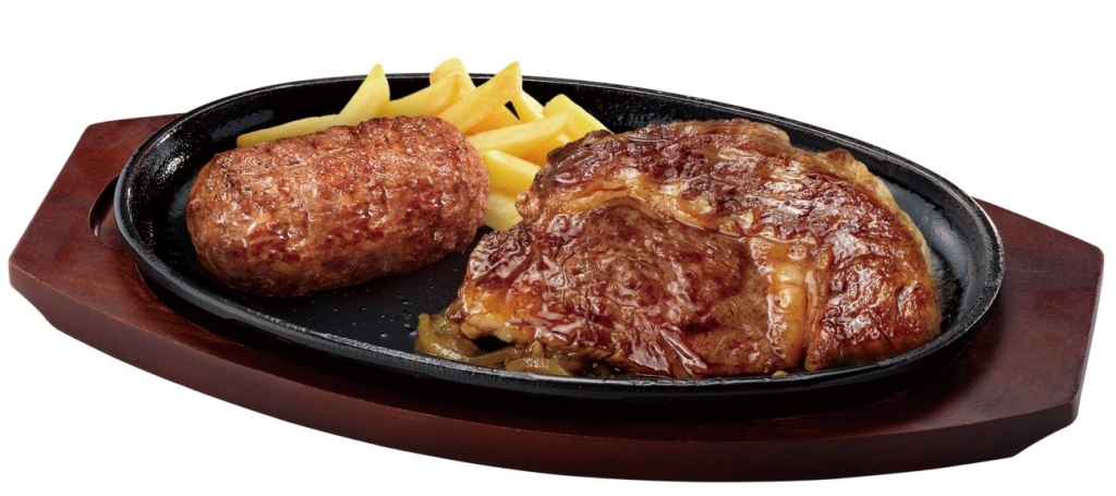 ブロンコビリー「ブロンコおじさんのこだわり炭焼きがんこハンバーグ&炭焼き国産リブロースステーキ」