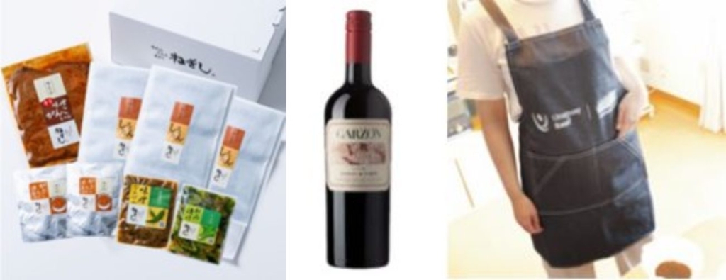 約1万円相当の通信販売商品と、ウルグアイ産ワイン「Tannat de Corte」&ロゴ入エプロン