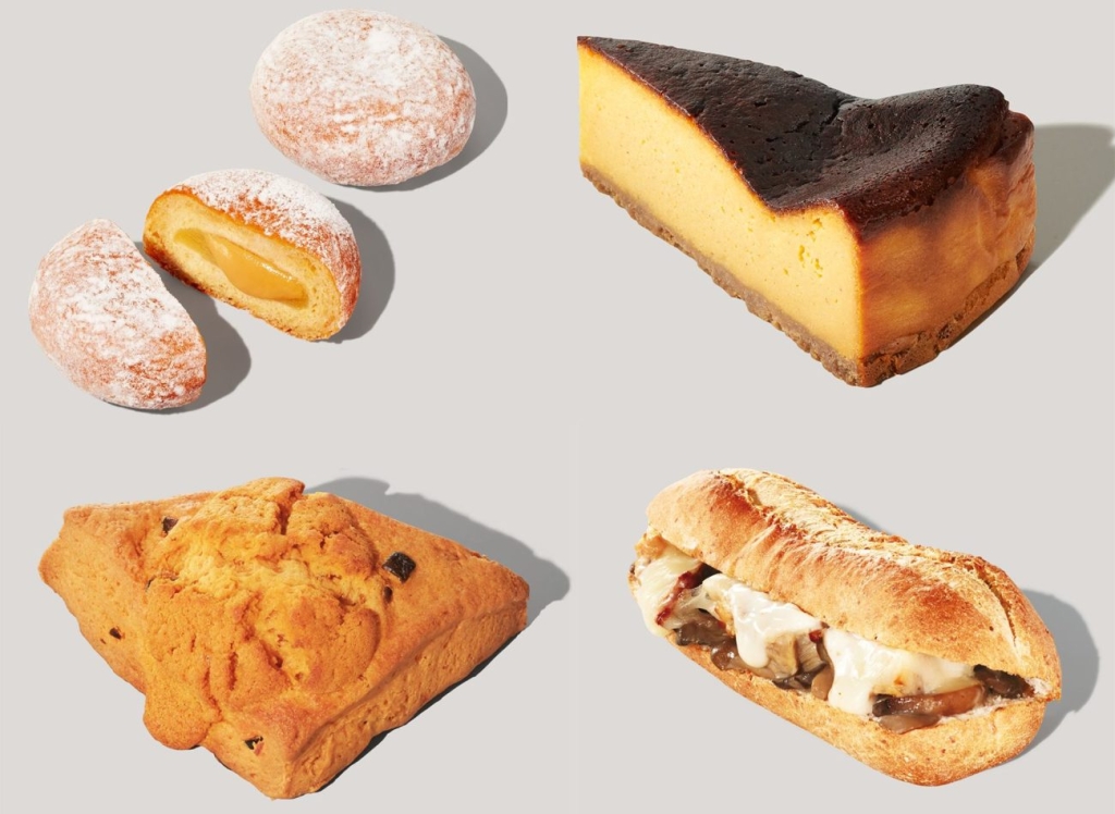 「スイートポテト マラサダ」「パンプキンバスクチーズケーキ」「パンプキンスコーン」「きのこクリームのチキン&モッツァレラ 石窯フィローネ」
