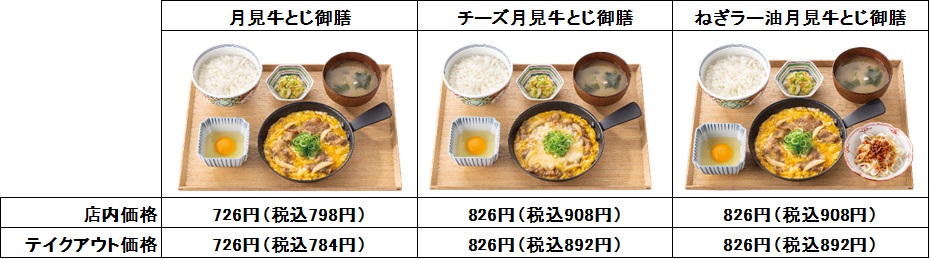 「月見牛とじ御膳」「チーズ月見牛とじ御膳」「ねぎラー油月見牛とじ御膳」