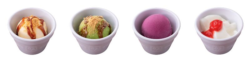 (左から)牛角アイス バニラ、牛角アイス 抹茶、季節のシャーベット、なめらか杏仁豆富