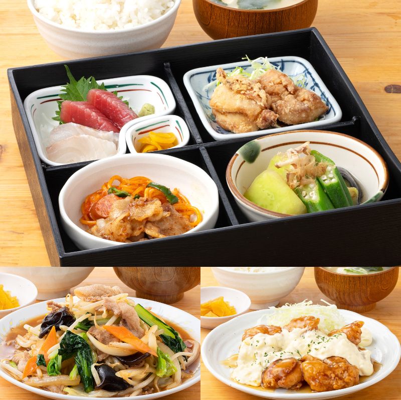 (写真上→左下→右下)松花堂弁当(通常1,250円→1,050円)/肉野菜炒め定食(通常1,000円→800円)/宮崎チキン南蛮定食(通常980円→780円)