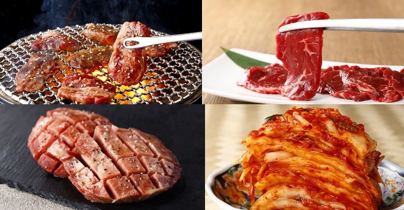 (左上→右上→左下→右下)希少部位プレートフィンガー「ワタミカルビ」→鮮度抜群の「手切りハラミ」→極厚牛タン→株漬けキムチ(ポギ)